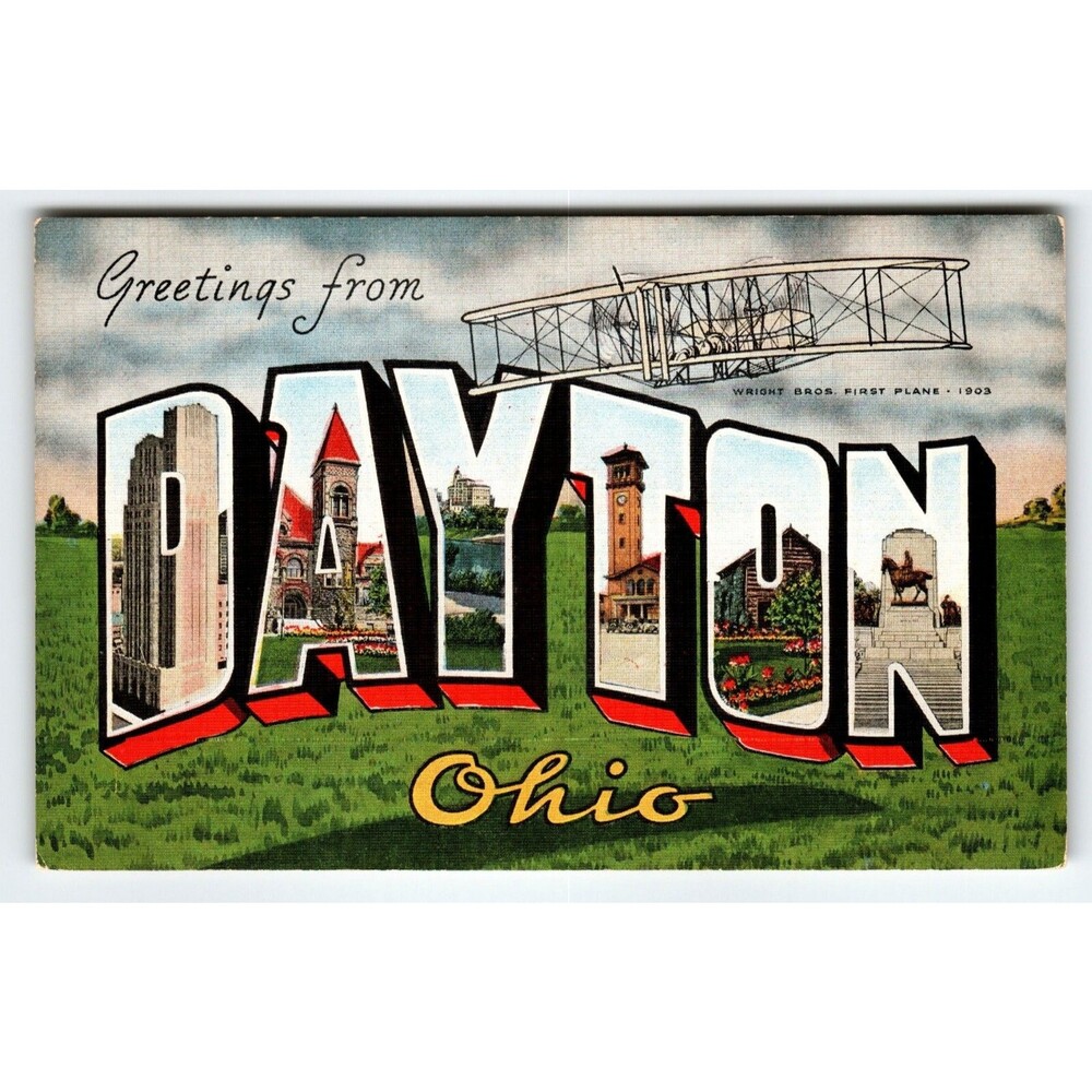 Greetings From Dayton Ohio Wright Brothers Airplane Large Letter Linen Postcard